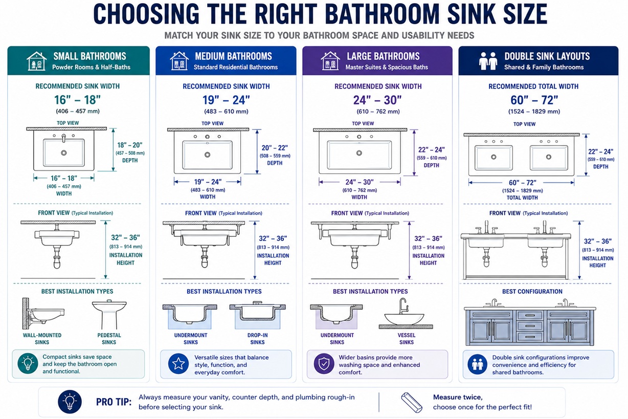 Choosing the right bathroom sink size guide showing recommended sink dimensions for small, medium, and large bathrooms, including double sink layouts and installation types